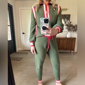 Olive Green Quilted Joggers with Red Accents